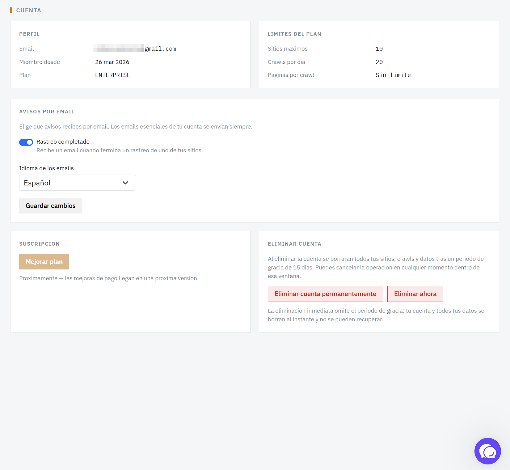 Página Cuenta: perfil, límites del plan, avisos por email, suscripción y eliminación de cuenta