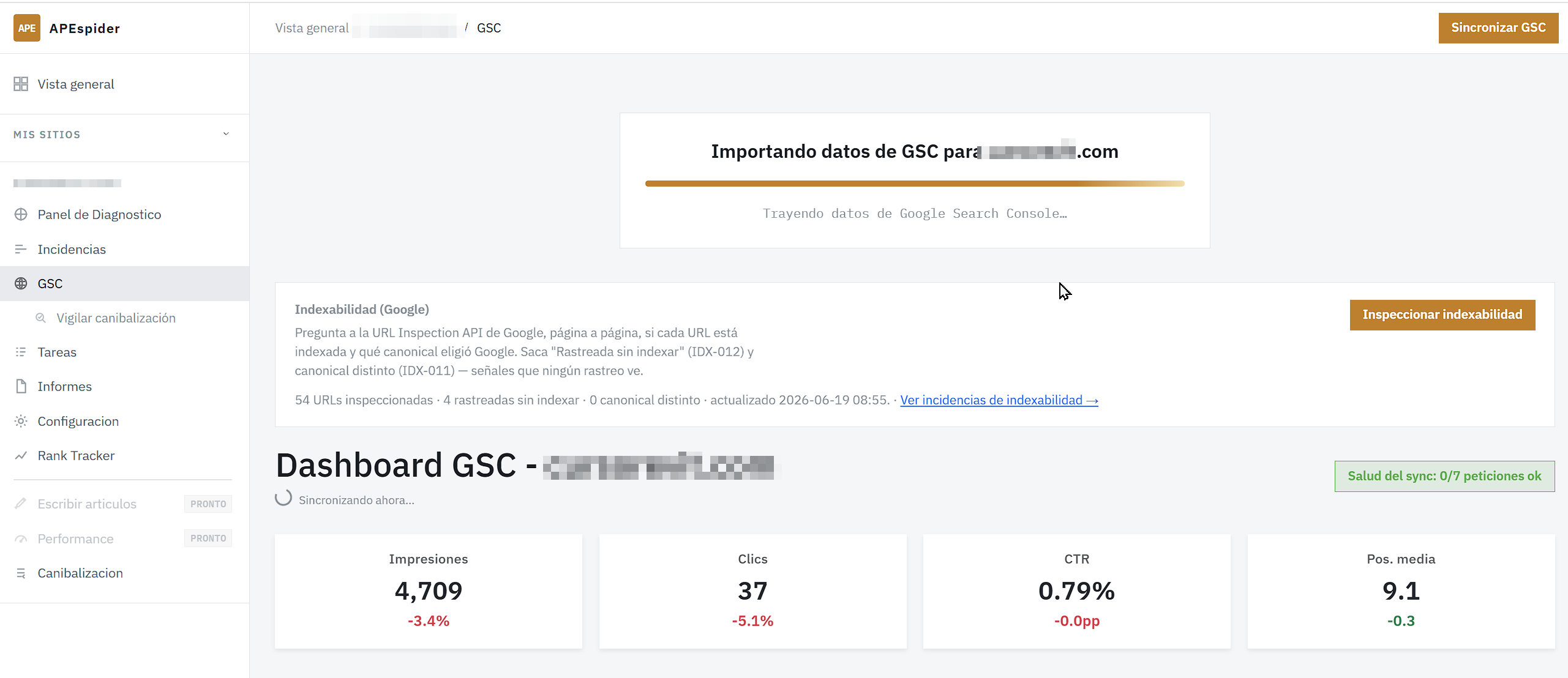 Dashboard GSC importando datos: indicadores de Impresiones, Clics, CTR y Posición media, y el bloque de Indexabilidad